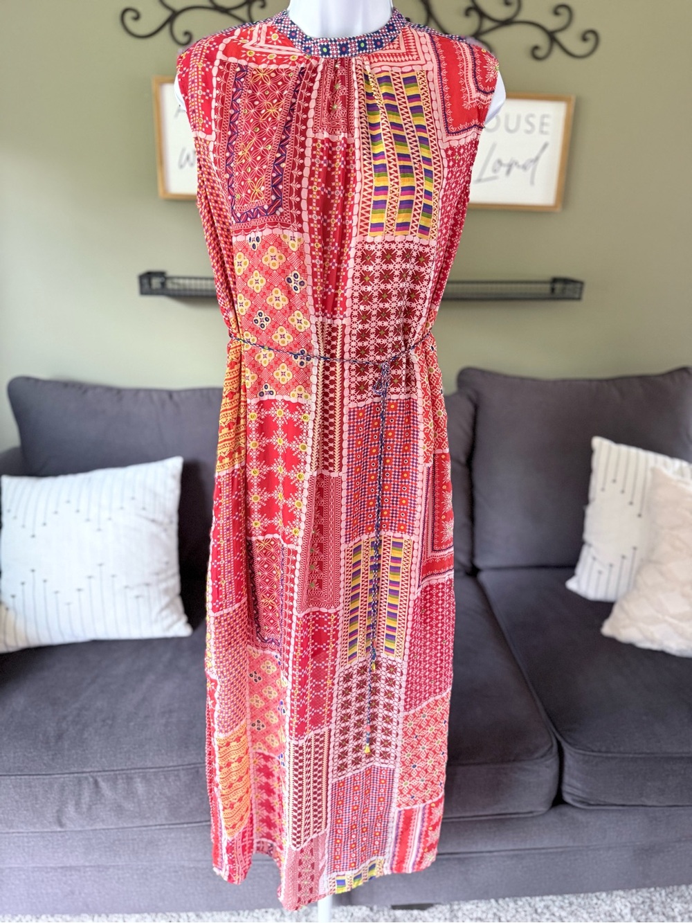 Red Patchwork Maxi Dress with Waist Tie